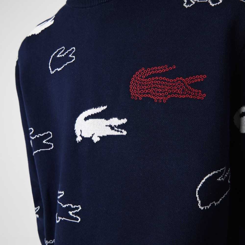 Lacoste Made In France Crew Neck Organic Cotton Jacquard Sweater Navy Blue / White | QGP-240769