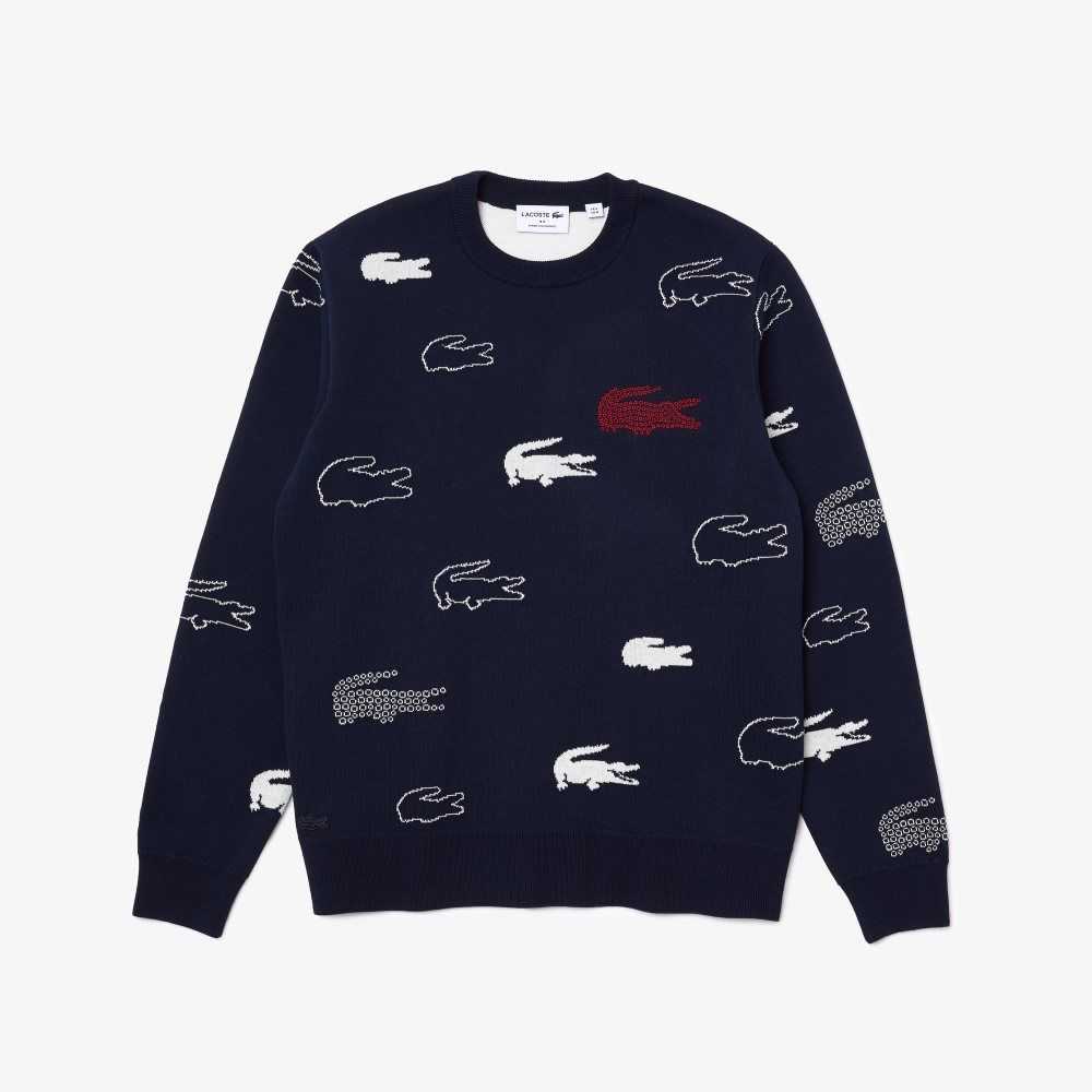 Lacoste Made In France Crew Neck Organic Cotton Jacquard Sweater Navy Blue / White | QGP-240769