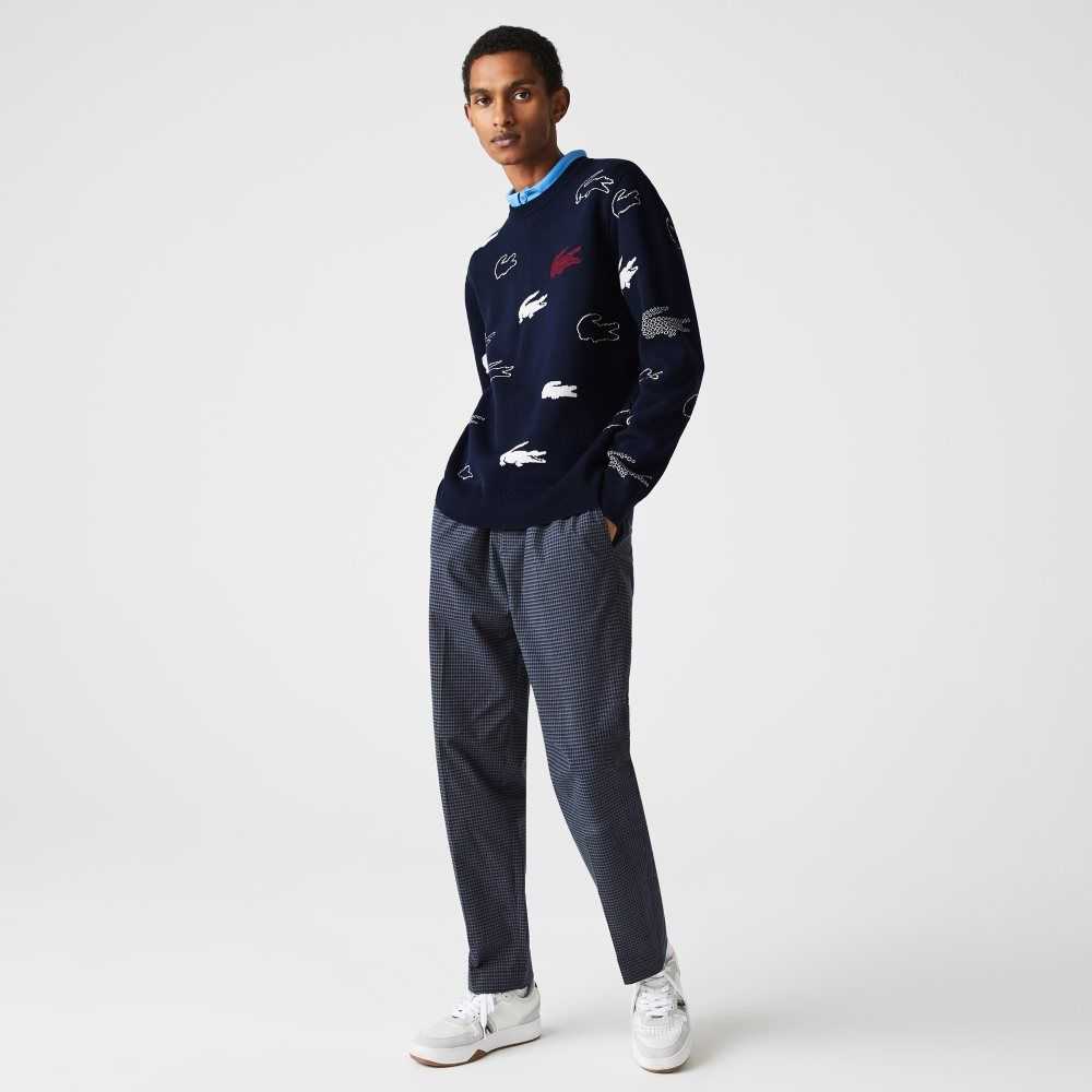 Lacoste Made In France Crew Neck Organic Cotton Jacquard Sweater Navy Blue / White | QGP-240769