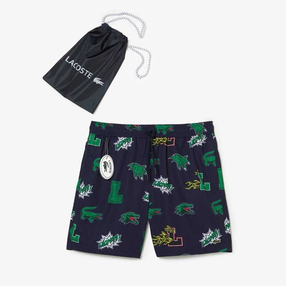 Lacoste Mesh Lined Swim Trunks Navy Blue / White | DSY-698372