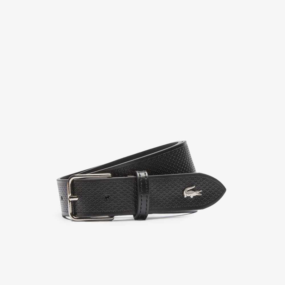 Lacoste Metal Crocodile Stitched Leather Belt Black | VWF-764951