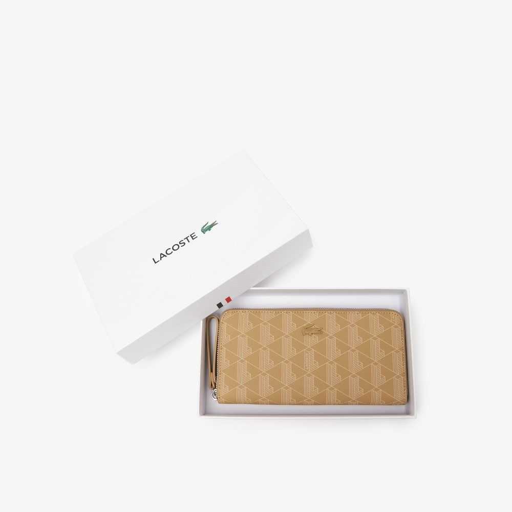 Lacoste Monogram Print Zip Wallet Viennois Beige | MLH-709865