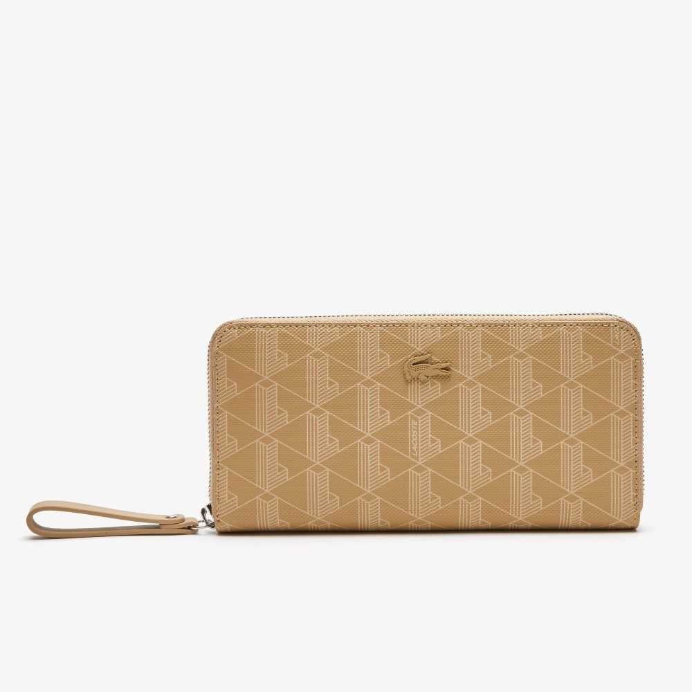 Lacoste Monogram Print Zip Wallet Viennois Beige | MLH-709865