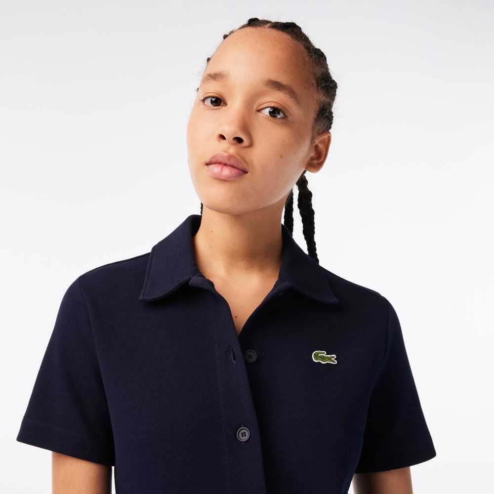 Lacoste Organic Cotton Buttoned Polo Dress Navy Blue | ILJ-796541