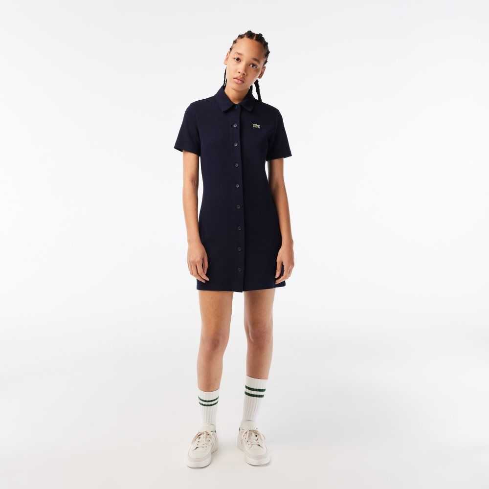 Lacoste Organic Cotton Buttoned Polo Dress Navy Blue | ILJ-796541