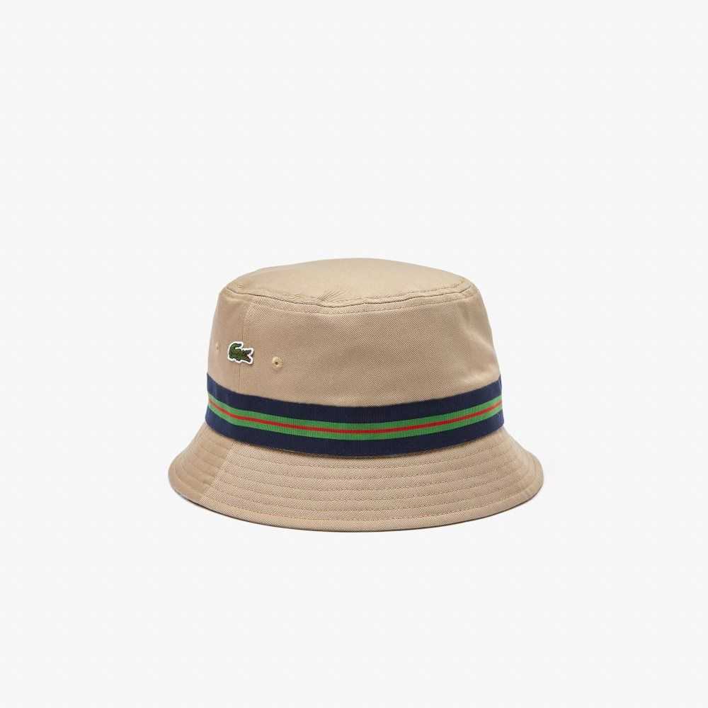 Lacoste Organic Cotton Stripe Band Bucket Hat Beige | VBI-638157