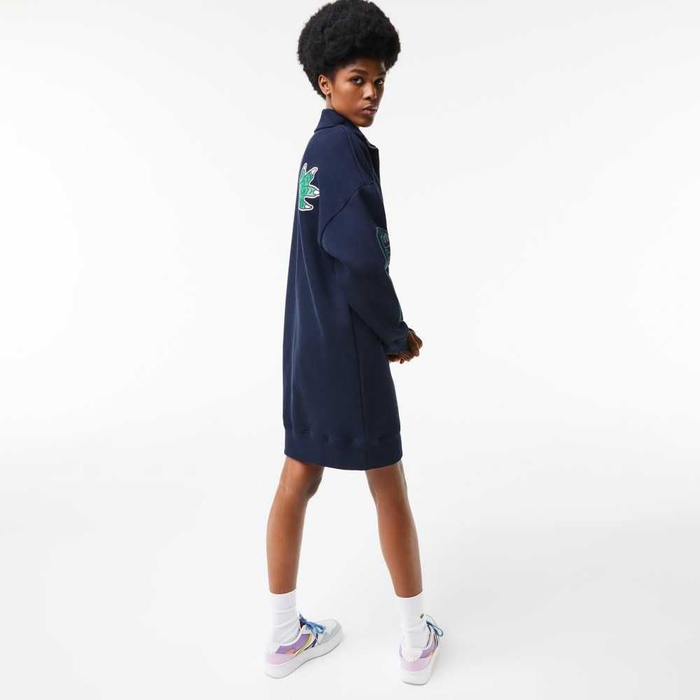 Lacoste Oversized Zip Neck Polo Dress Navy Blue | GHA-543617