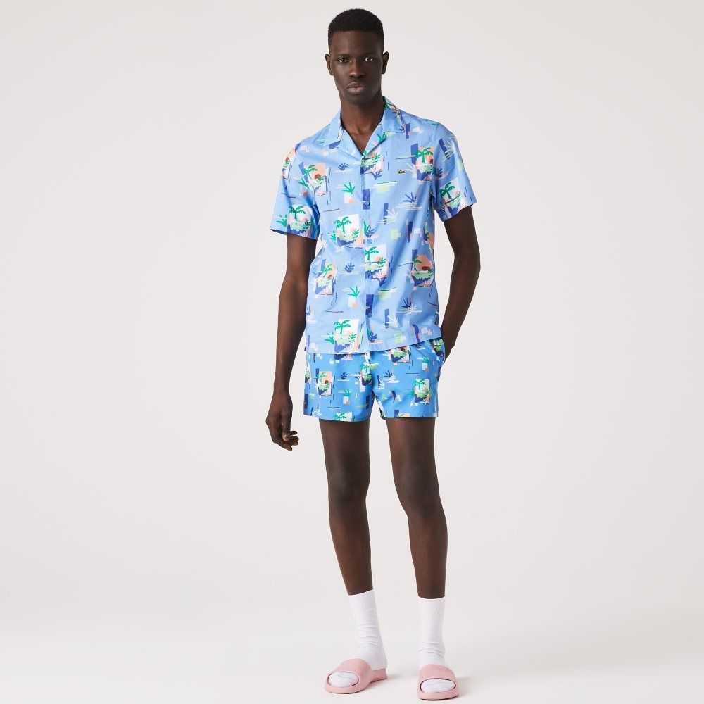 Lacoste Print Cotton Voile Hawaiian Shirt Blue / White | PFZ-650872