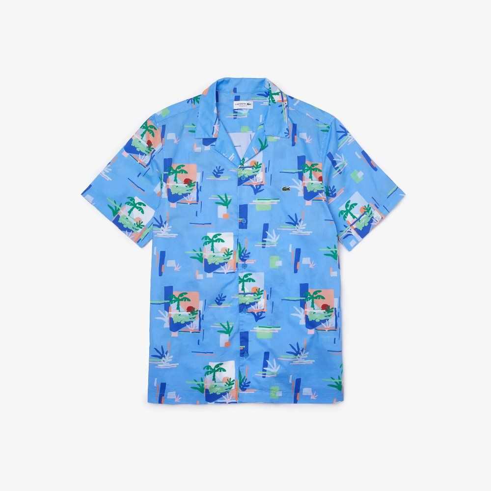 Lacoste Print Cotton Voile Hawaiian Shirt Blue / White | PFZ-650872