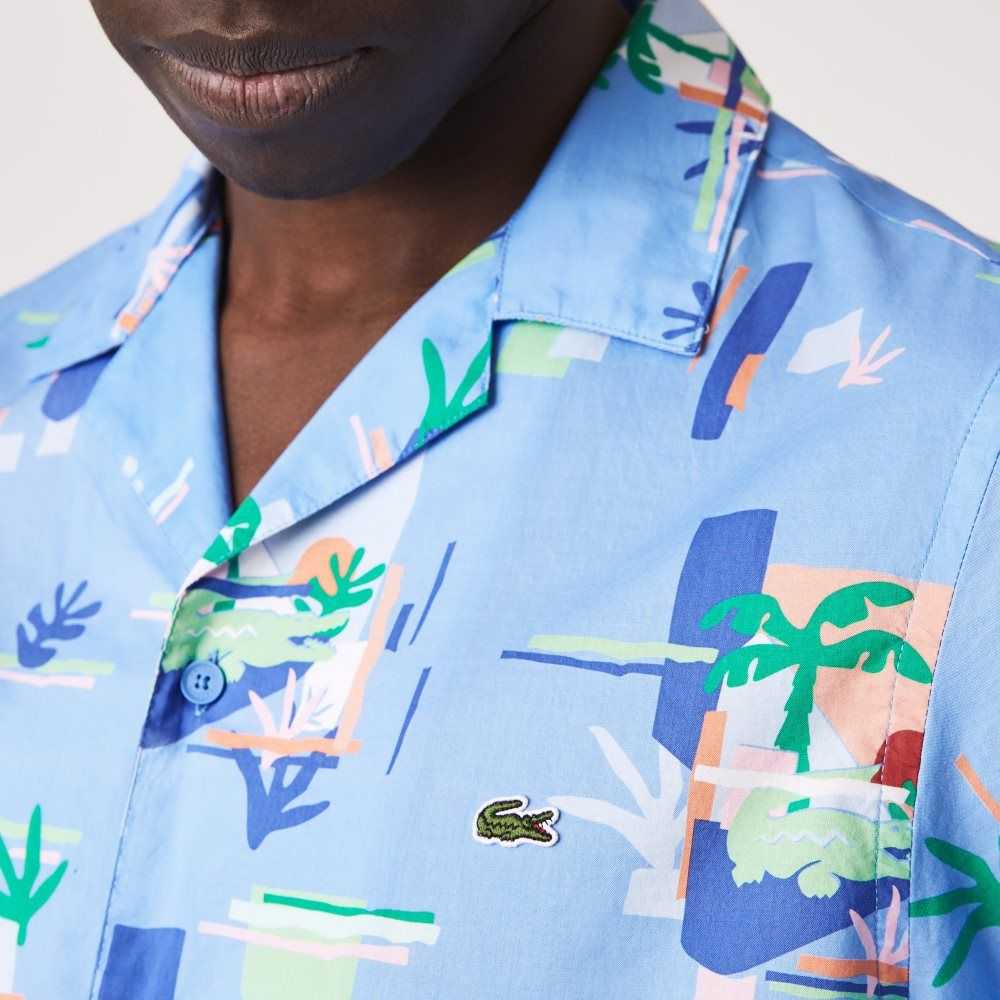 Lacoste Print Cotton Voile Hawaiian Shirt Blue / White | PFZ-650872