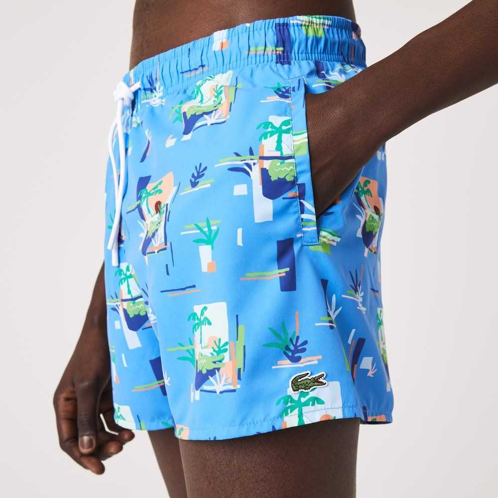 Lacoste Printed Built-In Mesh Boxer Swimming Trunks Blue / White | CIF-278953