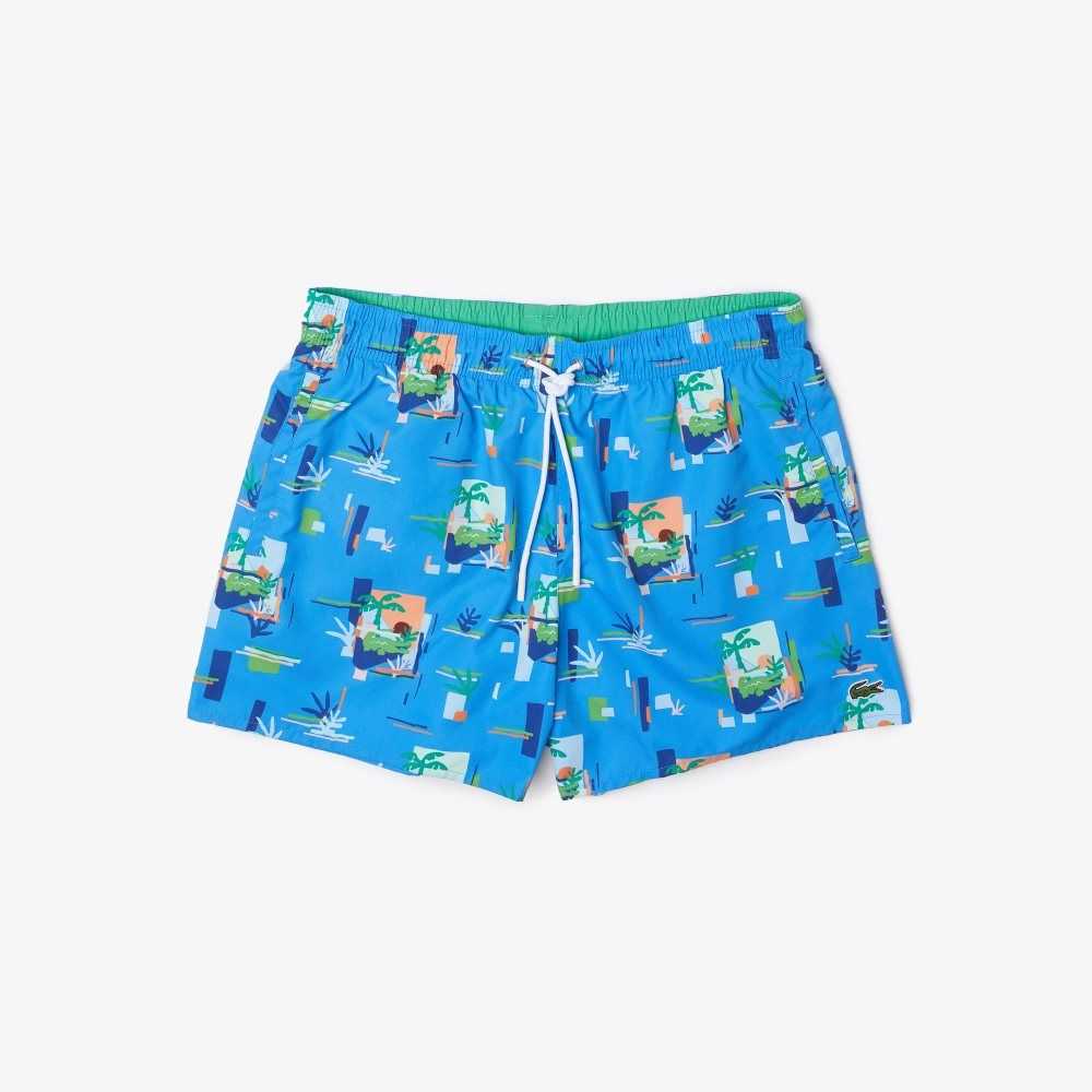 Lacoste Printed Built-In Mesh Boxer Swimming Trunks Blue / White | CIF-278953