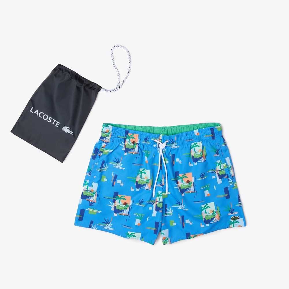 Lacoste Printed Built-In Mesh Boxer Swimming Trunks Blue / White | CIF-278953