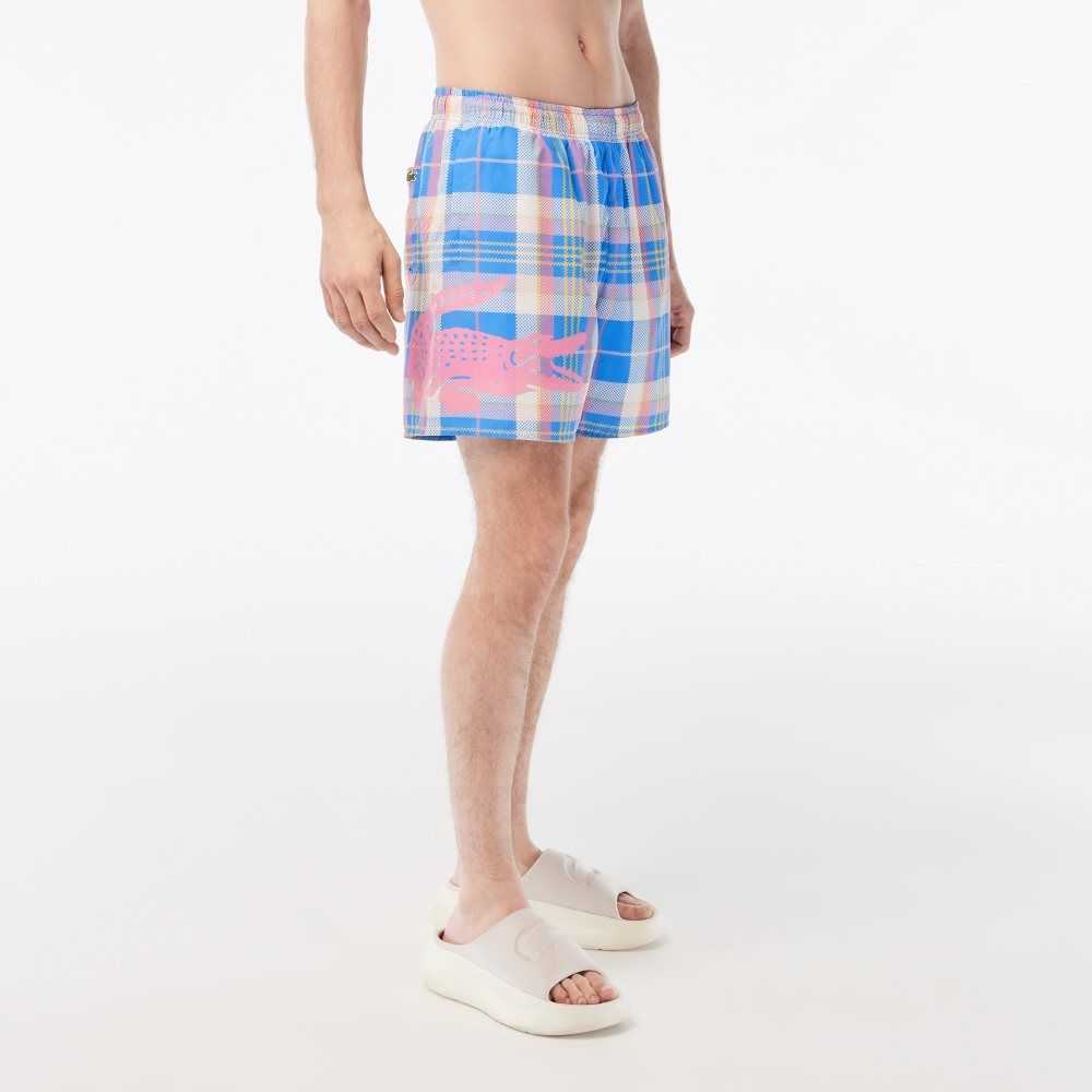 Lacoste Quick-Dry Colored Check Swim Trunks Blue / White | IBN-401976