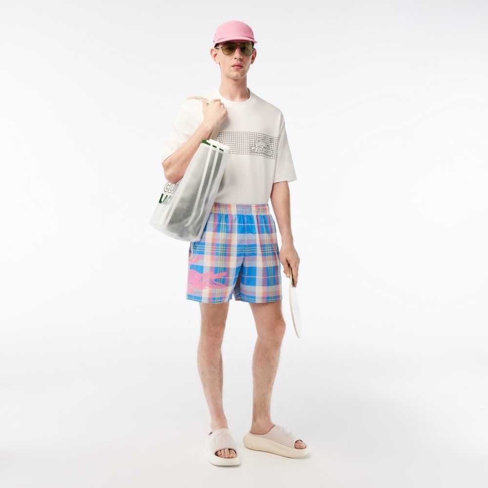 Lacoste Quick-Dry Colored Check Swim Trunks Blue / White | IBN-401976