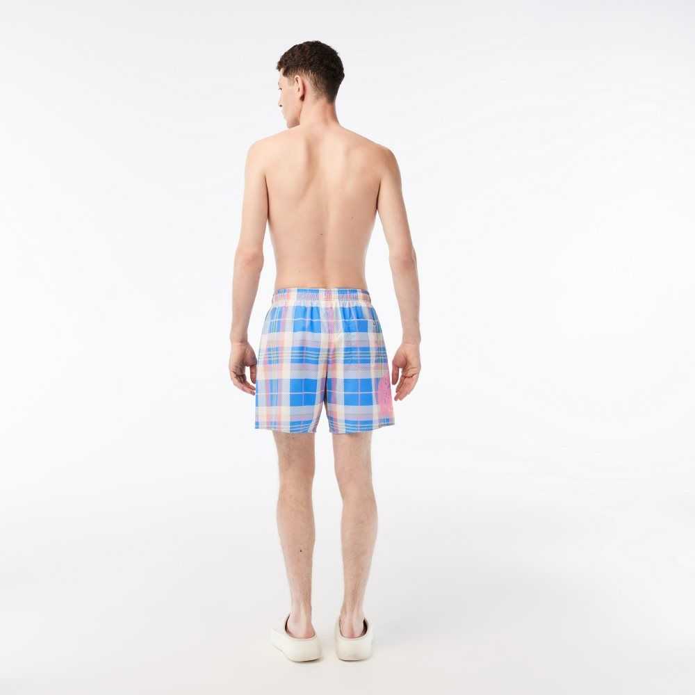 Lacoste Quick-Dry Colored Check Swim Trunks Blue / White | IBN-401976