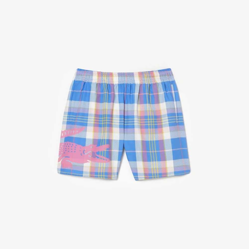 Lacoste Quick-Dry Colored Check Swim Trunks Blue / White | IBN-401976