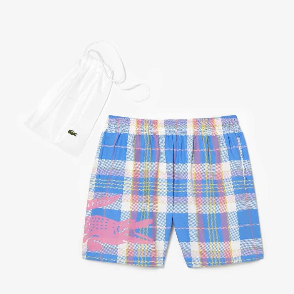 Lacoste Quick-Dry Colored Check Swim Trunks Blue / White | IBN-401976