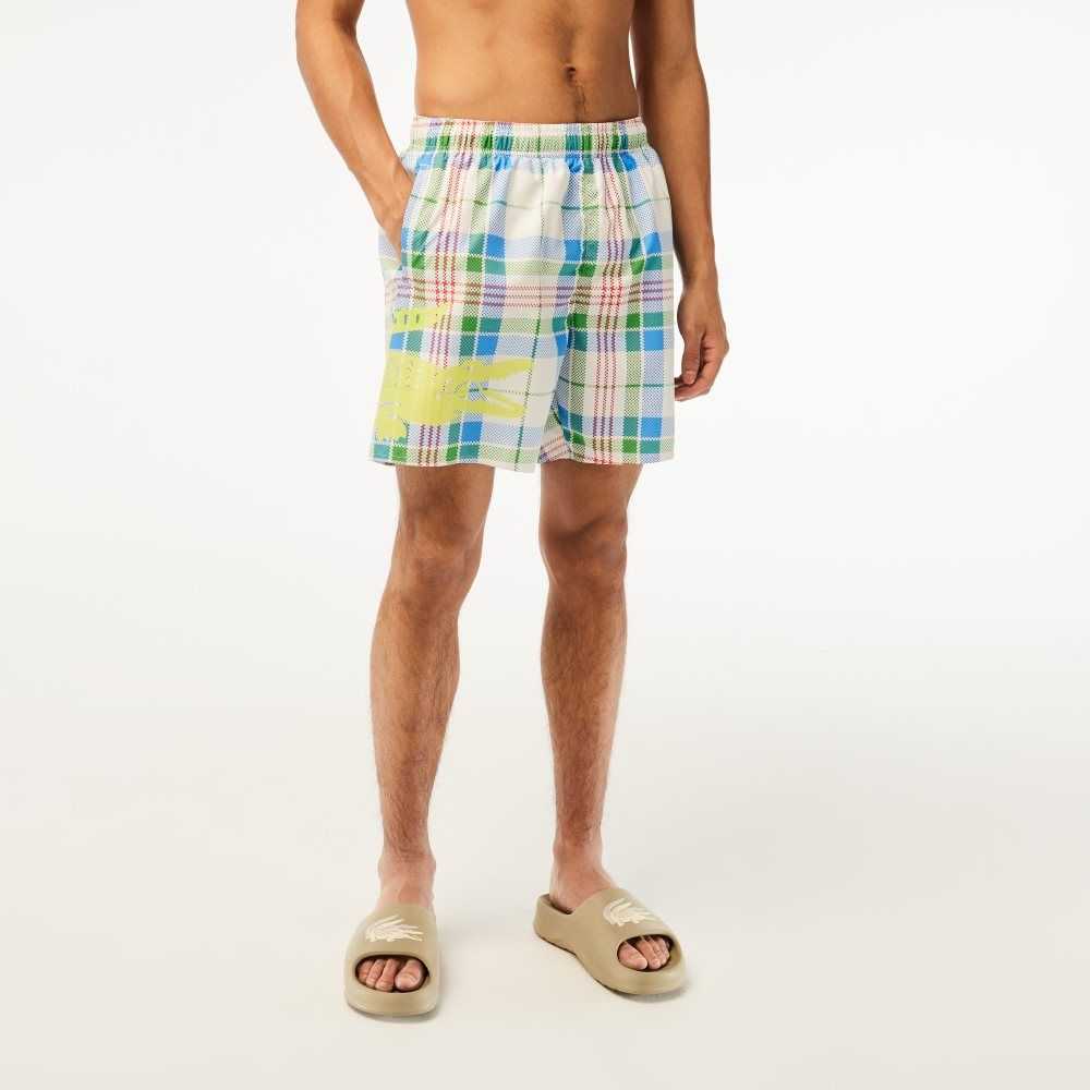 Lacoste Quick-Dry Colored Check Swim Trunks White | ICR-798526