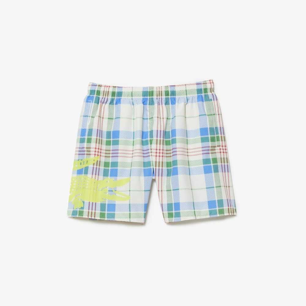 Lacoste Quick-Dry Colored Check Swim Trunks White | ICR-798526