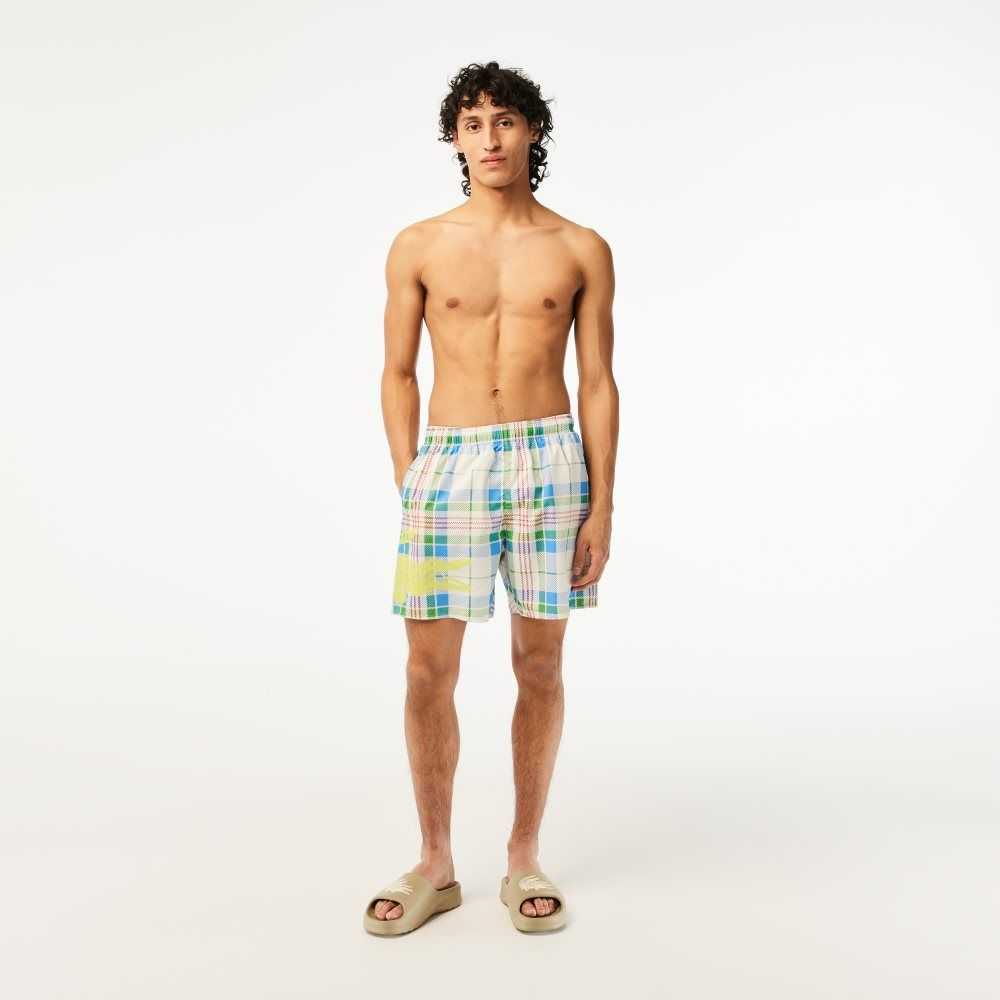 Lacoste Quick-Dry Colored Check Swim Trunks White | ICR-798526