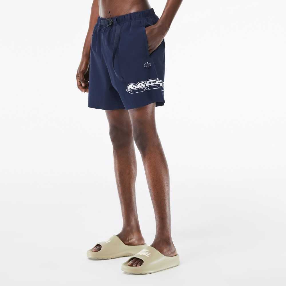 Lacoste Quick-Dry Logo Stripe Swim Trunks Blue | TYX-078915