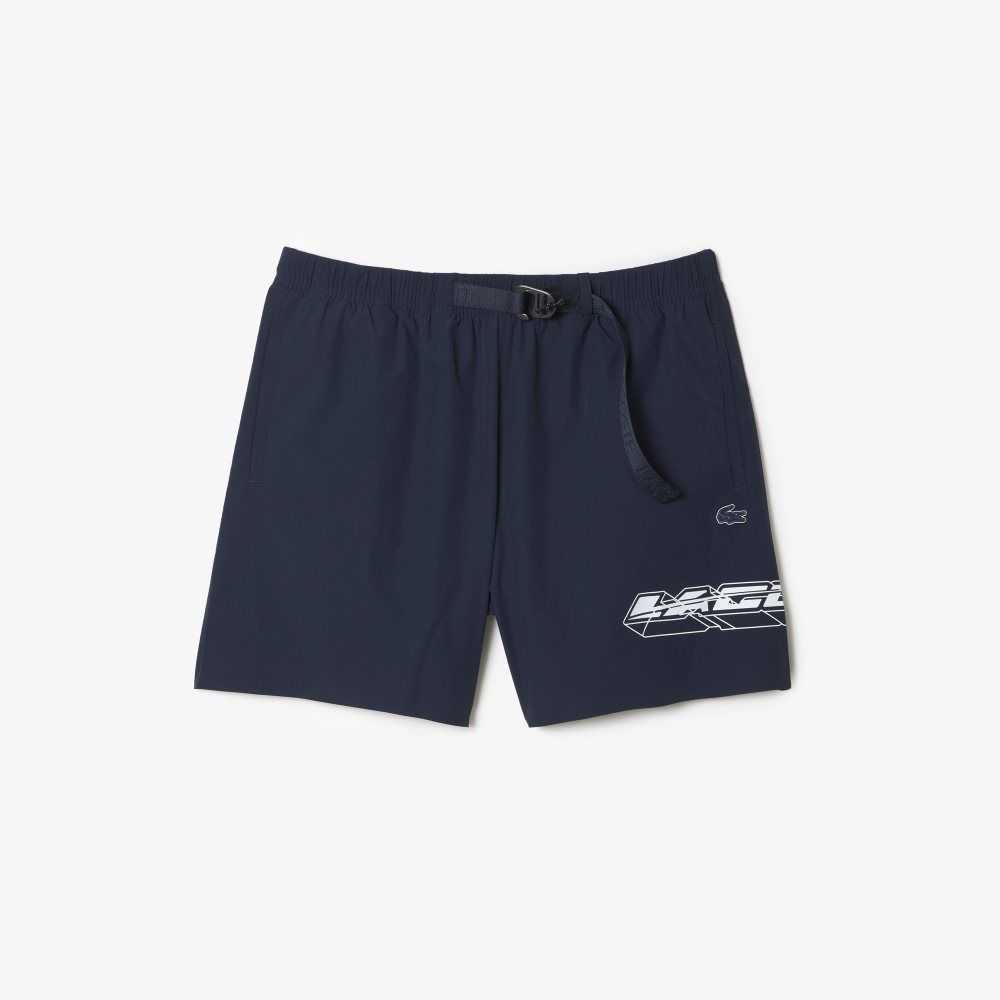 Lacoste Quick-Dry Logo Stripe Swim Trunks Blue | TYX-078915