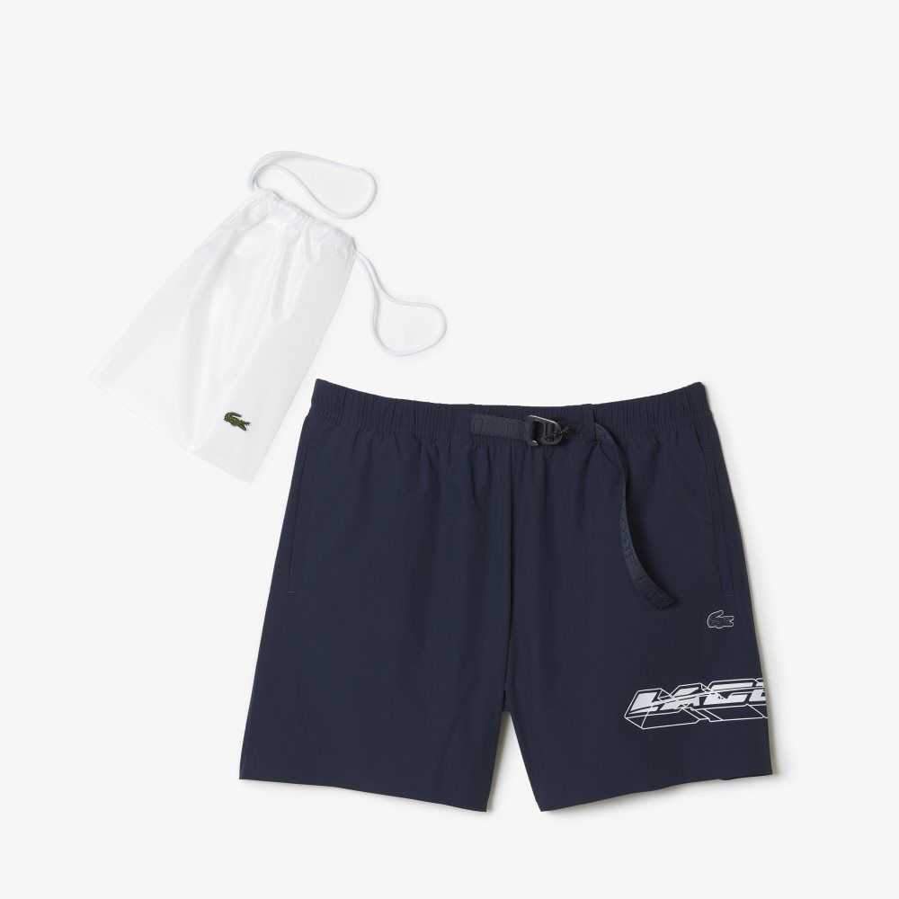 Lacoste Quick-Dry Logo Stripe Swim Trunks Blue | TYX-078915