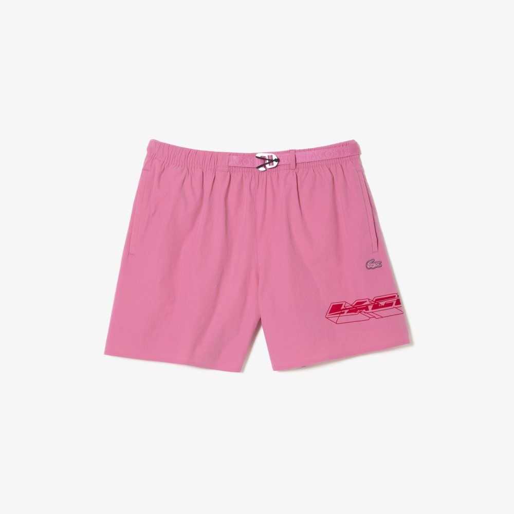 Lacoste Quick-Dry Logo Stripe Swim Trunks Pink | WQS-204951