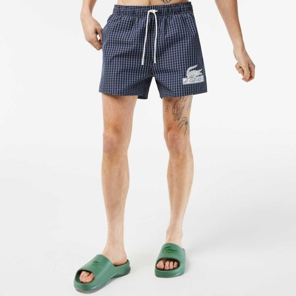 Lacoste Recycled Polyester Checked Swim Trunks Navy Blue / White | NKU-460587