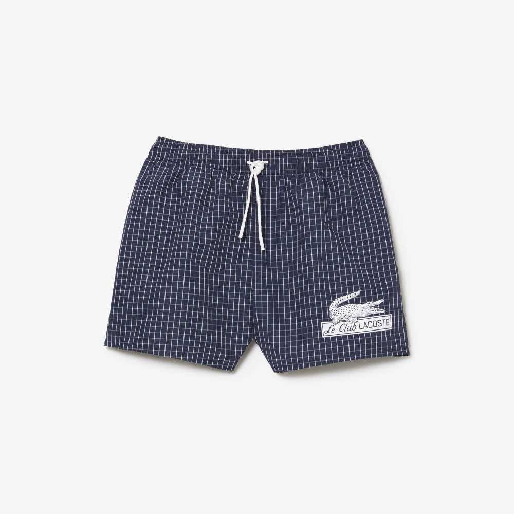 Lacoste Recycled Polyester Checked Swim Trunks Navy Blue / White | NKU-460587