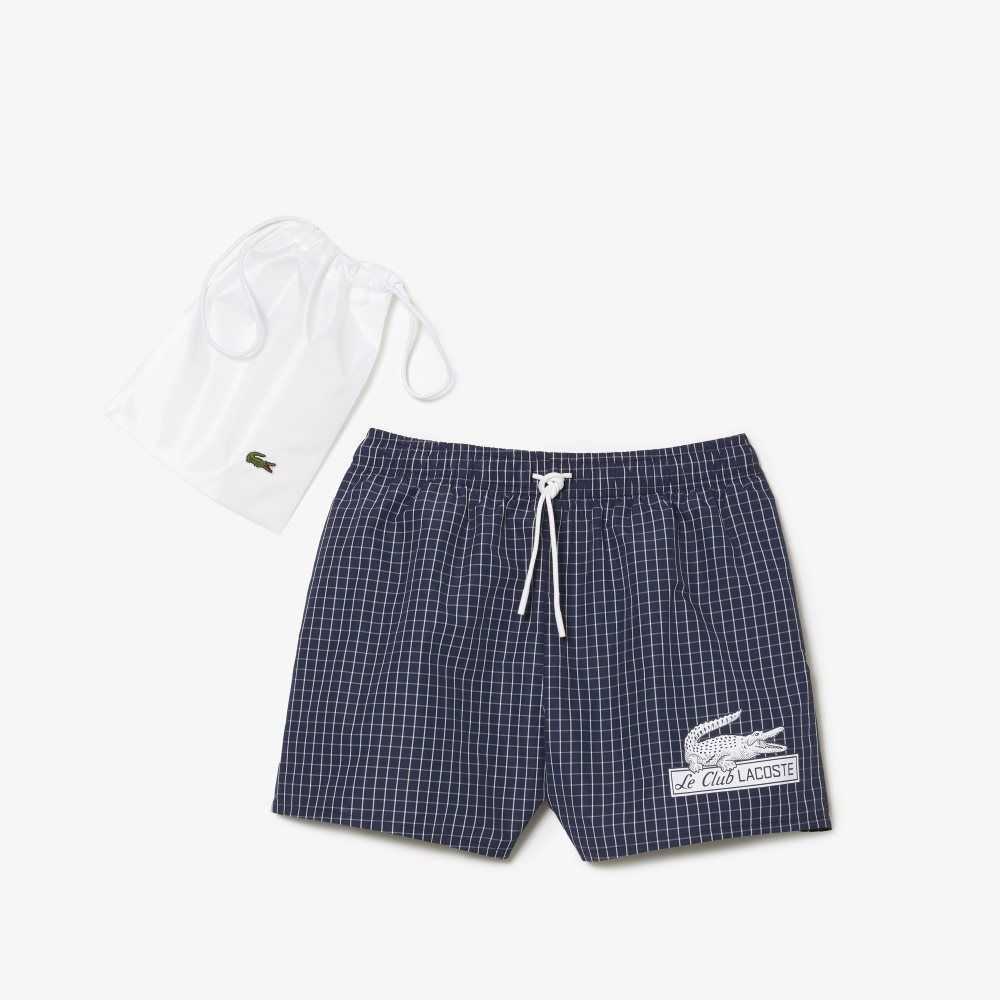 Lacoste Recycled Polyester Checked Swim Trunks Navy Blue / White | NKU-460587