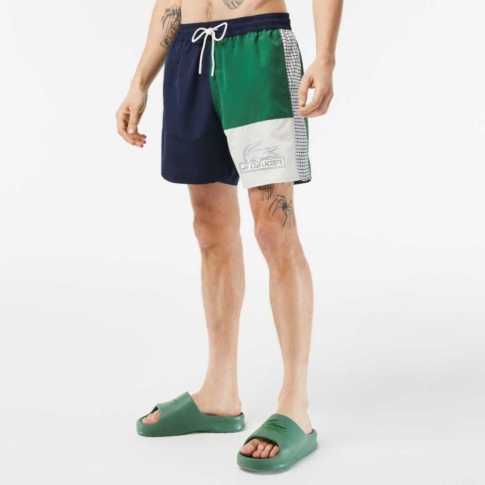 Lacoste Recycled Polyester Colorblock Swim Trunks Navy Blue / Green / White | QRZ-934680