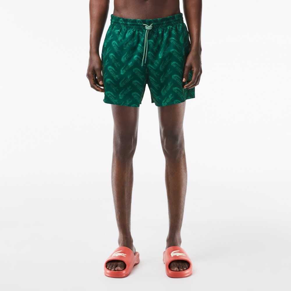 Lacoste Recycled Polyester Print Swim Trunks Green / Khaki Green | BXE-725160