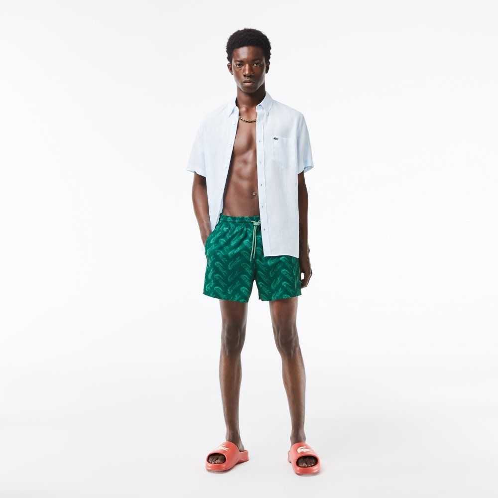 Lacoste Recycled Polyester Print Swim Trunks Green / Khaki Green | BXE-725160