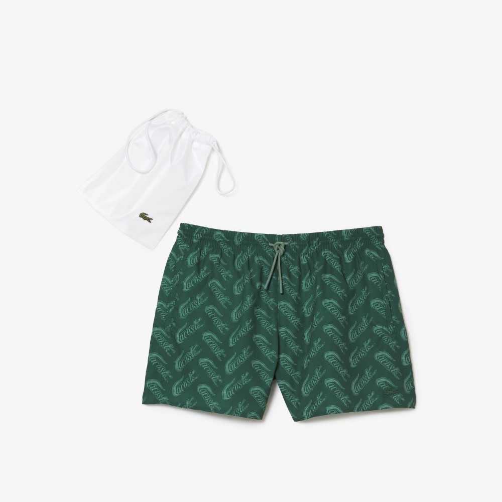 Lacoste Recycled Polyester Print Swim Trunks Green / Khaki Green | BXE-725160