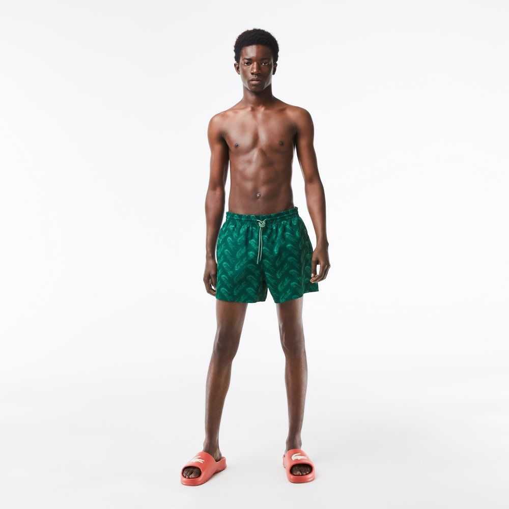 Lacoste Recycled Polyester Print Swim Trunks Green / Khaki Green | BXE-725160