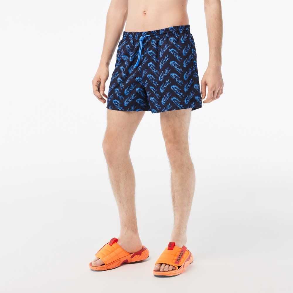 Lacoste Recycled Polyester Print Swim Trunks Navy Blue / Blue | WXM-450896