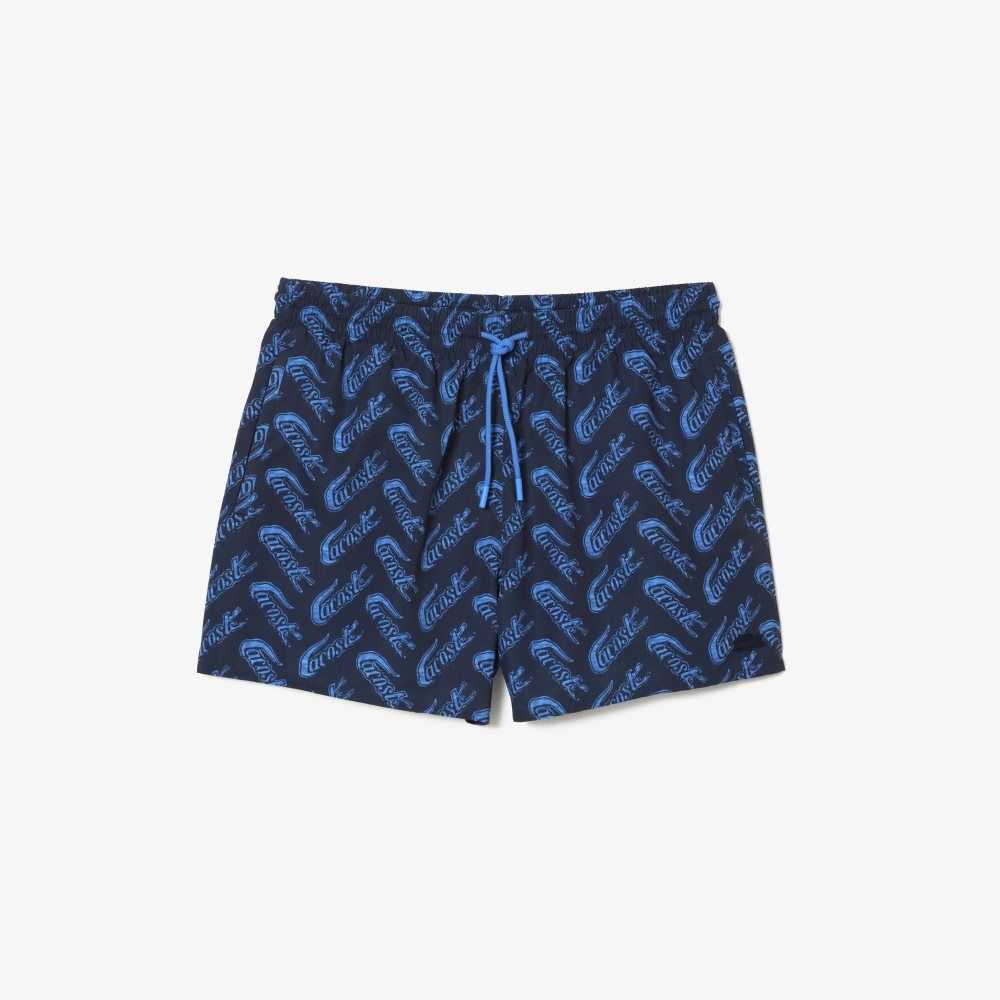 Lacoste Recycled Polyester Print Swim Trunks Navy Blue / Blue | WXM-450896