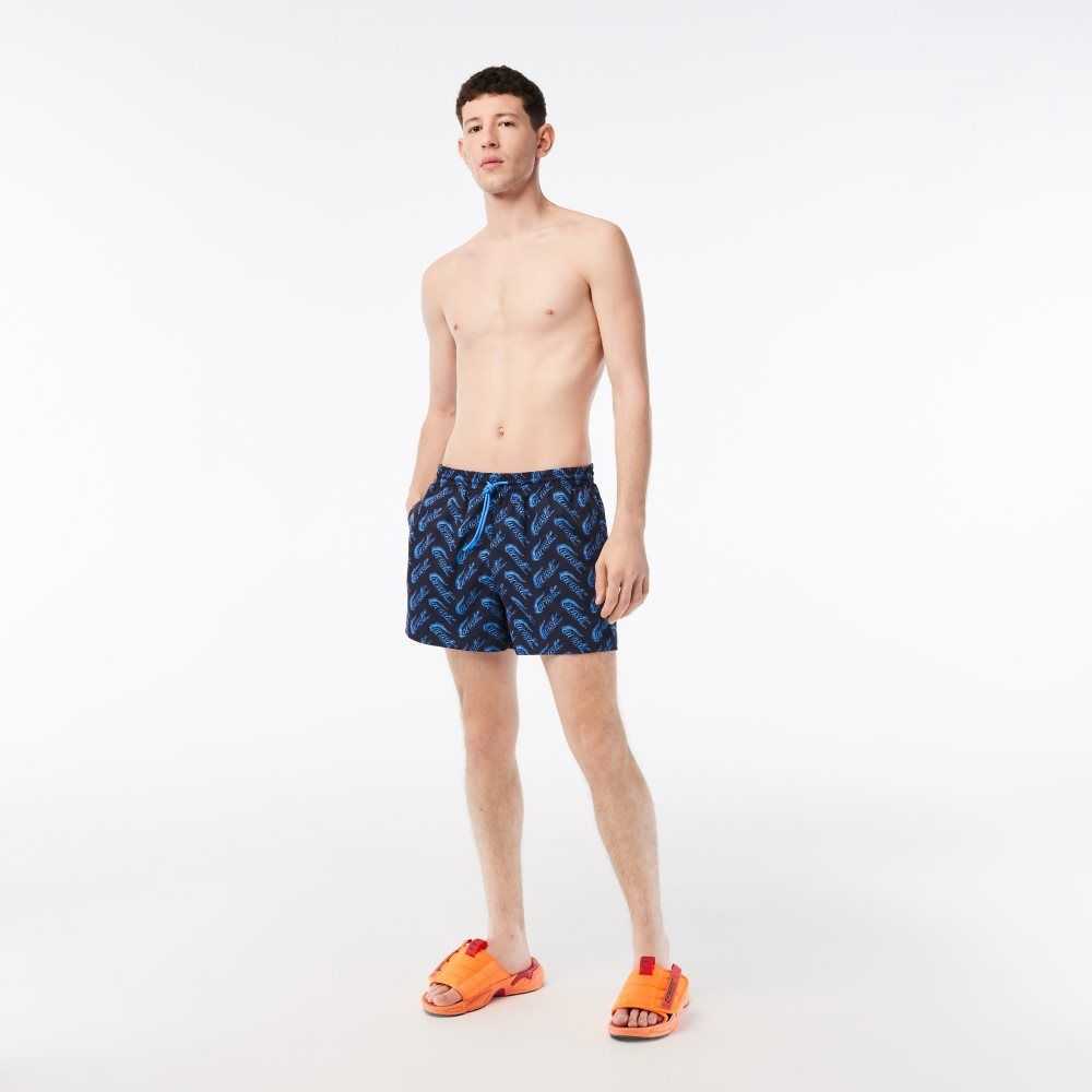 Lacoste Recycled Polyester Print Swim Trunks Navy Blue / Blue | WXM-450896