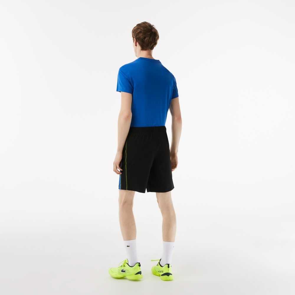 Lacoste Recycled Polyester Tennis Shorts Black / Blue / Yellow | OGX-715284