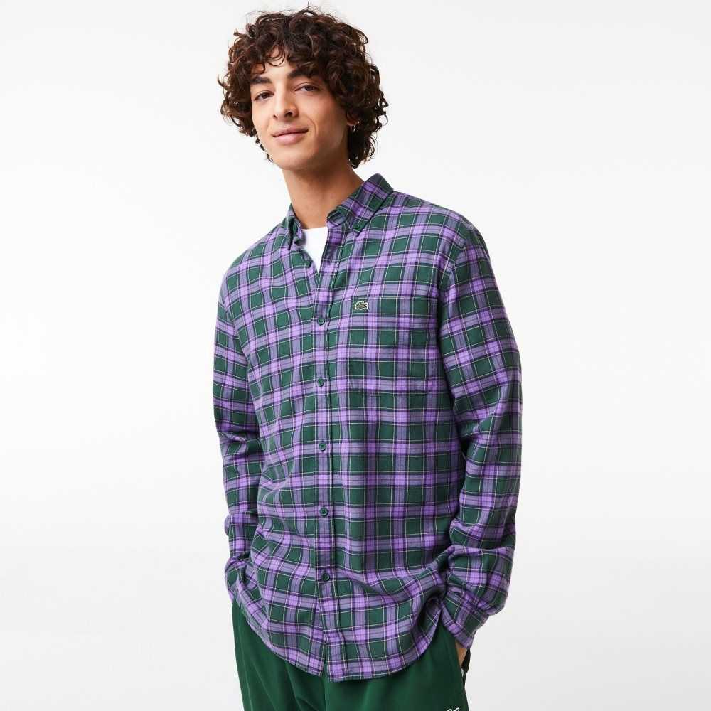 Lacoste Regular Fit Check Print Flannel Shirt Green / Purple / Beige | BST-194708