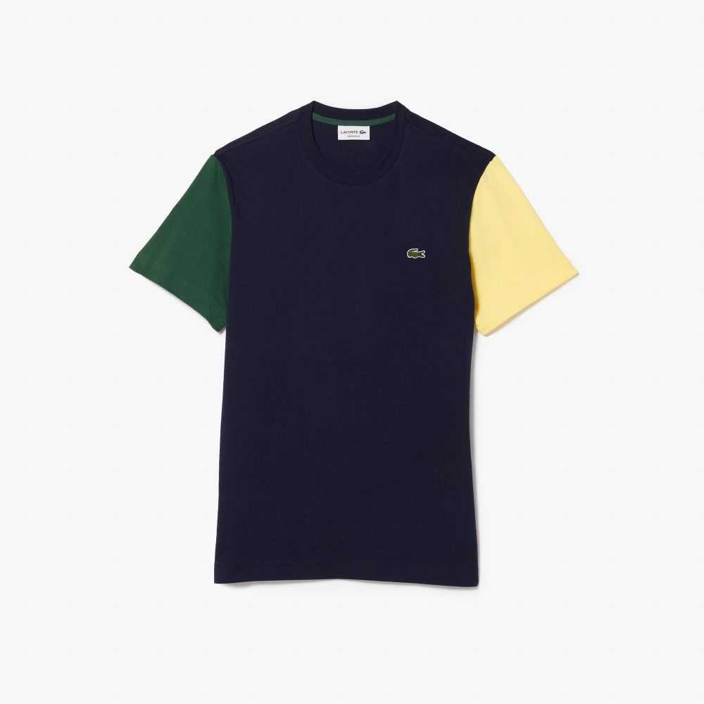 Lacoste Regular Fit Colorblock Cotton Jersey T-Shirt Navy Blue / Green / Yellow | RMQ-456013