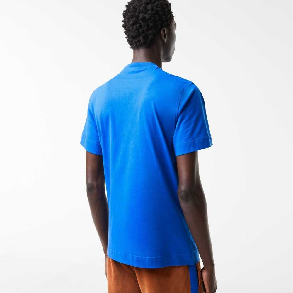 Lacoste Regular Fit Contrast Lettering Cotton T-Shirt Blue | KUR-132970