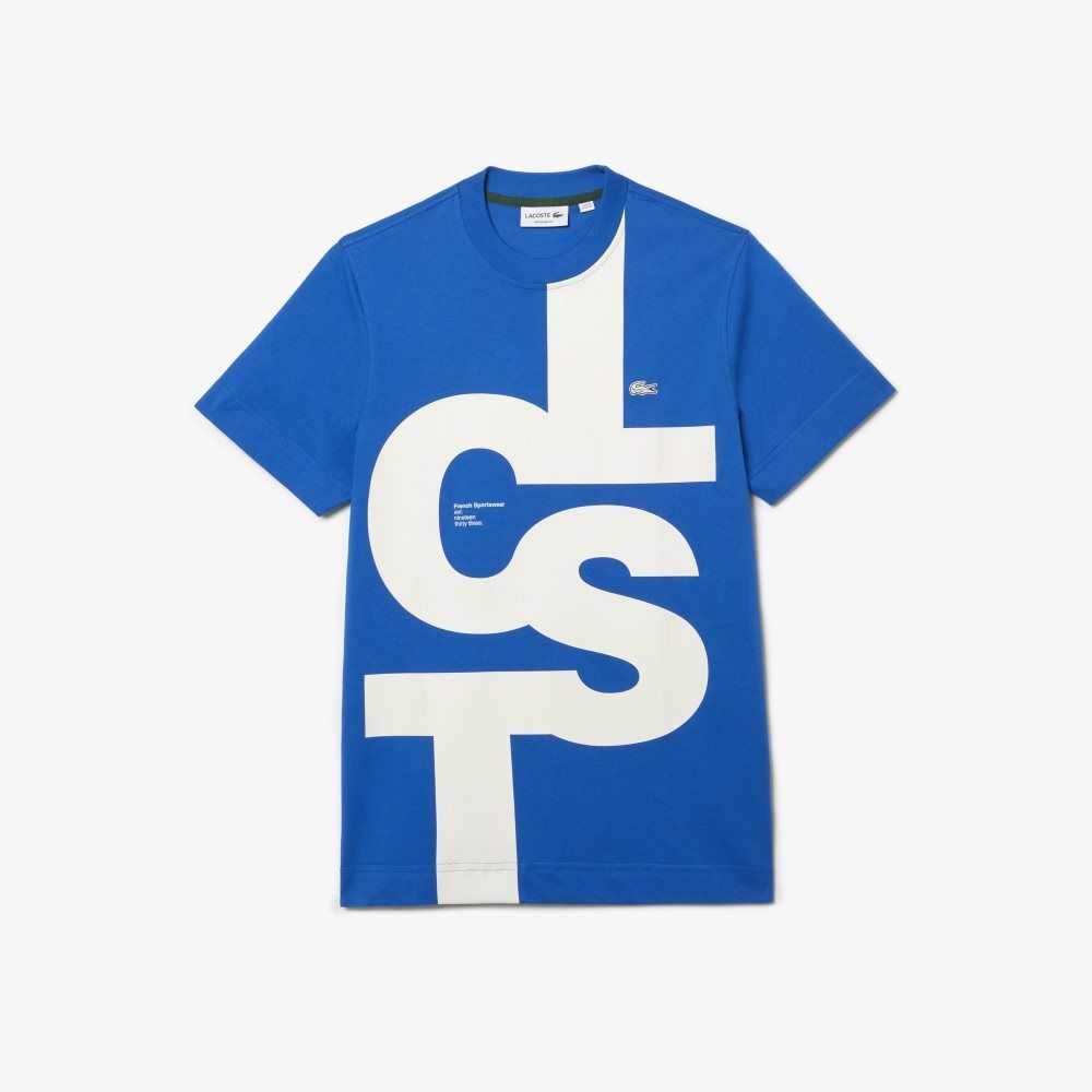 Lacoste Regular Fit Contrast Lettering Cotton T-Shirt Blue | KUR-132970