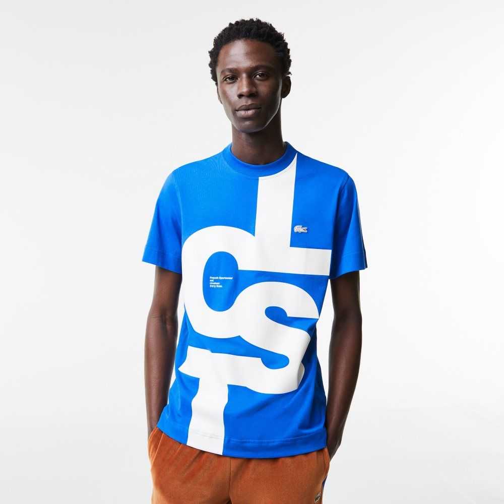 Lacoste Regular Fit Contrast Lettering Cotton T-Shirt Blue | KUR-132970