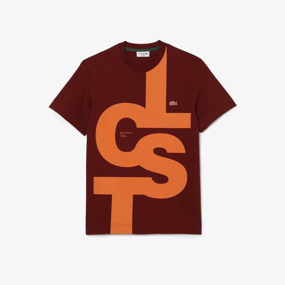 Lacoste Regular Fit Contrast Lettering Cotton T-Shirt Bordeaux | YTE-469851