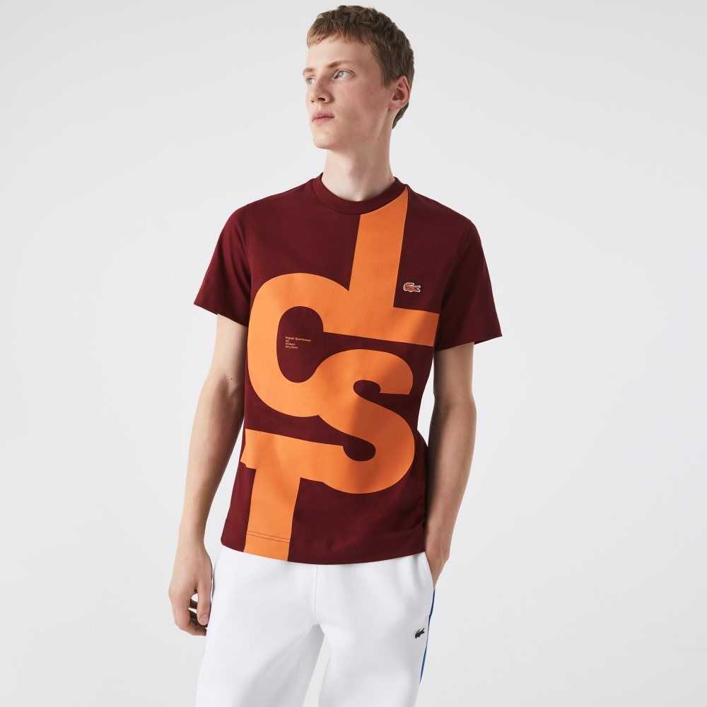 Lacoste Regular Fit Contrast Lettering Cotton T-Shirt Bordeaux | YTE-469851