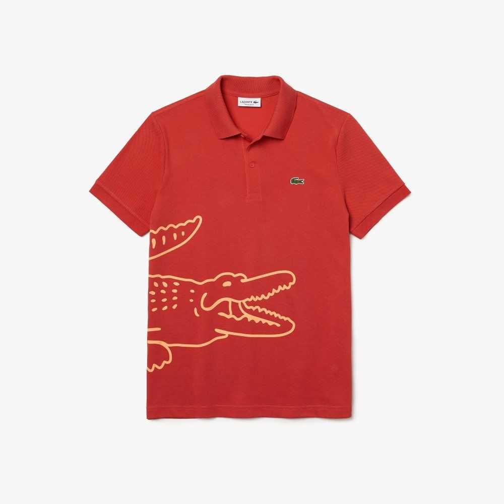 Lacoste Regular Fit Crocodile Print Cotton Pique Polo Red | ZXV-741295