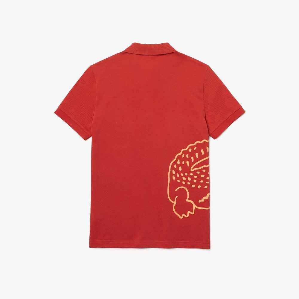 Lacoste Regular Fit Crocodile Print Cotton Pique Polo Red | ZXV-741295